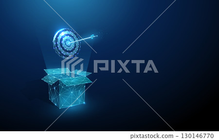 3d blue open box and darts target with arrow in the center. Goal achievement, target accuracy, out of the box thinking, efficiency concept. 130146770