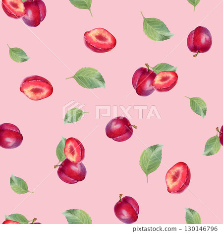 Seamless watercolor pattern with hand drawn plum with leaves and half a plum. Seamless watercolor pattern with hand drawn plum with leaves and half a plum. 130146796