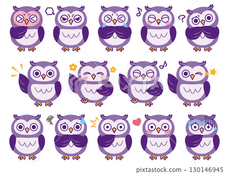 貓頭鷹各種臉部表情插圖集01（紫色） 130146945
