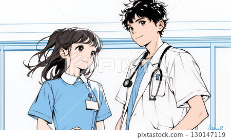 醫務人員：醫生和護士會議（簡單的顏色） 130147119