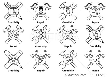 The image is a collection of various tools and symbols, including hammers The image is a collection of various tools and symbols, including hammers 130147230