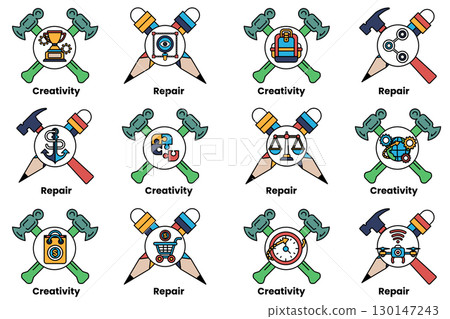 A set of 12 different symbols, each representing a different concept or idea 130147243