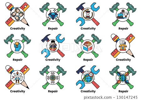 A variety of tools and symbols, including hammers, wrenches, and a box 130147245