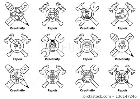 A series of symbols that represent different aspects of creativity and repair 130147246