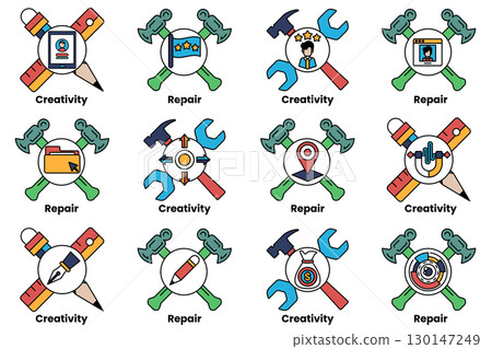 A set of tools, including hammers and screwdrivers, with the words "repair" A set of tools, including hammers and screwdrivers, with the words "repair" 130147249