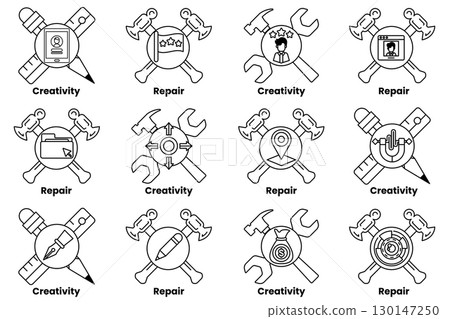 A set of tools and a variety of symbols, including a hammer, a screwdriver A set of tools and a variety of symbols, including a hammer, a screwdriver 130147250