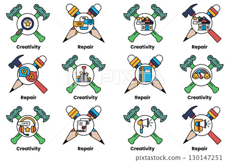 A set of tools, including hammers and pencils, with the words "repair" A set of tools, including hammers and pencils, with the words "repair" 130147251