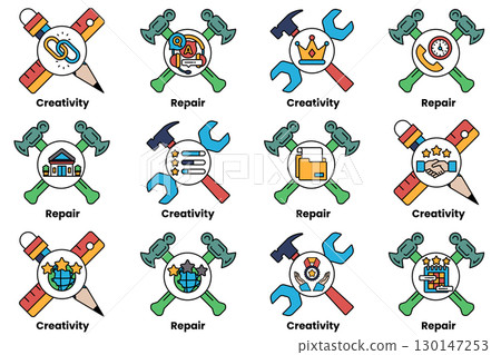 A set of tools, including hammers and wrenches, with the words "repair" A set of tools, including hammers and wrenches, with the words "repair" 130147253