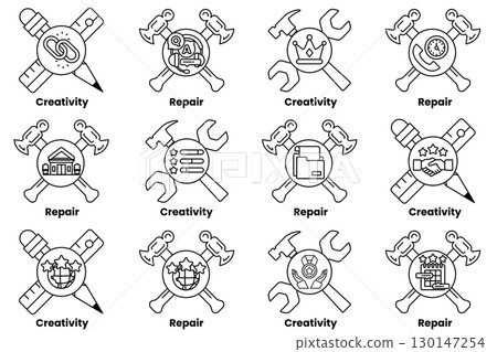 A set of tools and a hammer, with the words "repair" A set of tools and a hammer, with the words "repair" 130147254