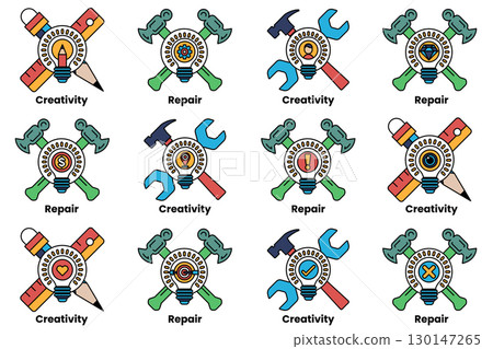 A series of tools and symbols, including hammers, wrenches, and pencils 130147265