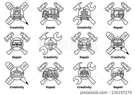 The image is a collection of different symbols and words related to repair The image is a collection of different symbols and words related to repair 130147274