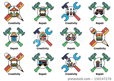 A set of tools and a variety of repair and maintenance symbols A set of tools and a variety of repair and maintenance symbols 130147278
