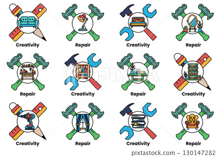 A set of tools and a hammer, with the words "repair" A set of tools and a hammer, with the words "repair" 130147282