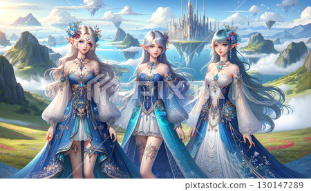幻想王國和三位身著漂亮裙子的年輕女子的插圖 幻想王國和三位身著漂亮裙子的年輕女子的插圖 130147289