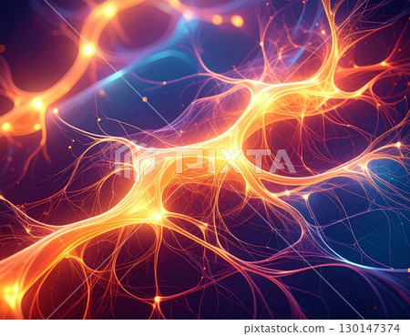 Abstract Orange and Blue Neural Network with Glowing Interconnections Illustration 130147374