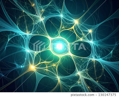 Intricate Cyan Network with Luminous Nodes and Organic Web Patterns on Dark Backdrop 130147375