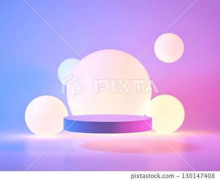 Abstract Purple Pedestal Surrounded by Luminous Spheres in a Soft Lit Studio Setting 130147408