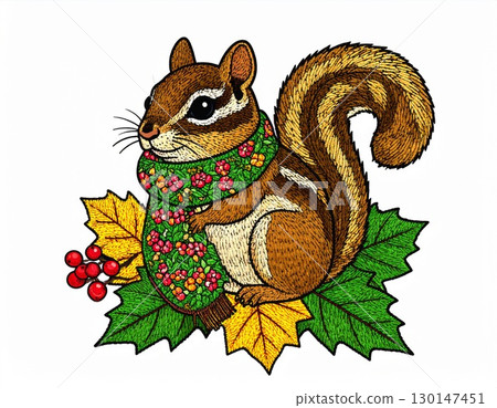 Cartoon Chipmunk with Floral Scarf on Autumn Leaves Illustration in White Background 130147451