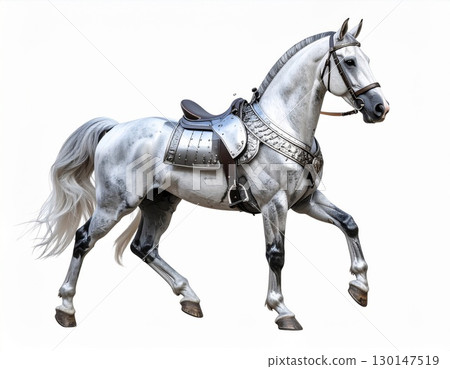 Elegant Gray Horse with Intricate Silver Armor and Saddle on Isolated White Background 130147519