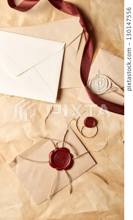 Craft Paper Envelopes with Red Wax Seals and Brown Ribbon in Flat Lay Arrangement on Textured Background Craft Paper Envelopes with Red Wax Seals and Brown Ribbon in Flat Lay Arrangement on Textured Background 130147556