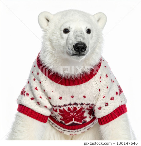 Isolated Portrait of a Polar Bear Wearing a Red Christmas Sweater on White 130147640