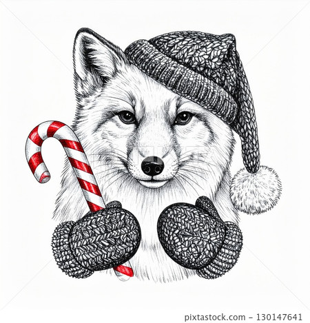 Fox Portrait Wearing Winter Hat Holding Candy Cane and Mittens in Detailed Drawing Style 130147641