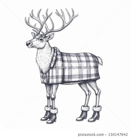 Elegant Reindeer with Plaid Coat and Boots on a White Background Sketch 130147642