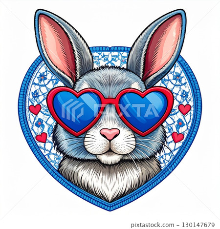 Cartoon Rabbit Portrait with Heart Shaped Glasses and Detailed Blue Pattern Background 130147679