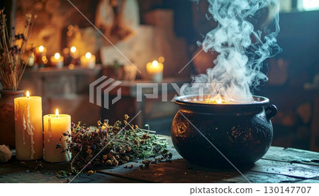 Steaming Cauldron with Candles and Herbs in Dark Setting for Halloween or Witchcraft Steaming Cauldron with Candles and Herbs in Dark Setting for Halloween or Witchcraft 130147707