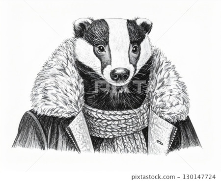 Detailed Pen and Ink Drawing of a Badger Wearing Human Clothes in Black and White 130147724