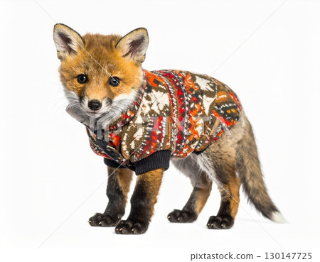 Fox Kit in a Colorful Patterned Sweater Isolated on White Background In Studio Lighting 130147725