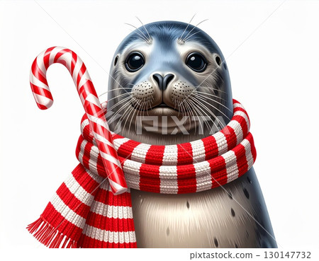 Festive Gray Seal with Red and White Striped Scarf and Candy Cane Isolated on White 130147732
