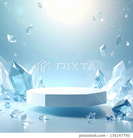 White Podium Stage with Floating Crystals on Light Blue Background for Product Display and Promotion 130147793