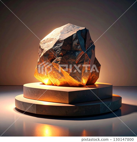 Irregular Crystal Rock Formation on a Gray Circular Stepped Base with Golden and Brown Tones 130147800