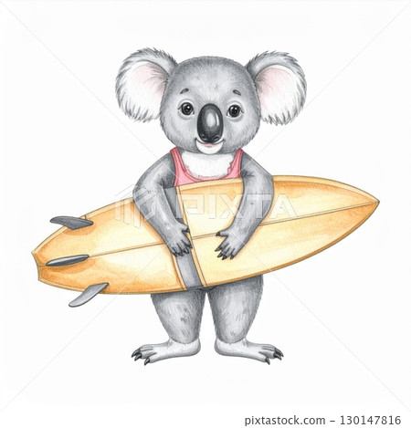 Adorable Koala Holding a Yellow Surfboard Wearing a Pink Shirt Against White Background 130147816