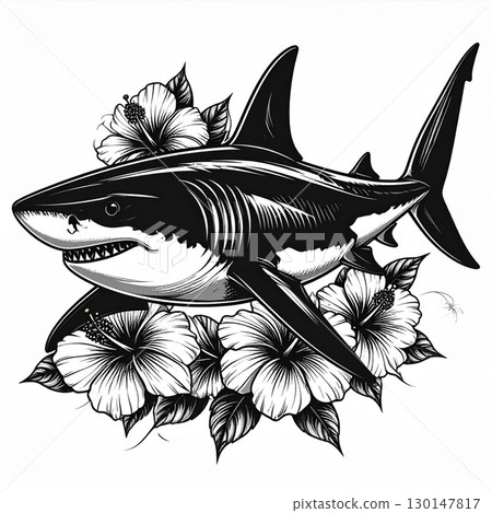 Monochrome Shark with Hibiscus Flowers Creative Art Design and Isolated on White Monochrome Shark with Hibiscus Flowers Creative Art Design and Isolated on White 130147817