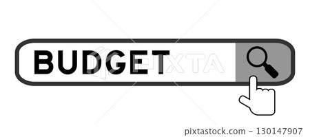 Search banner in word budget with hand over magnifier icon on white background Search banner in word budget with hand over magnifier icon on white background 130147907