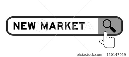 Search banner in word new market with hand over magnifier icon on white background 130147939