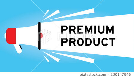 Color megaphone icon with word premium product in white banner on blue background 130147946