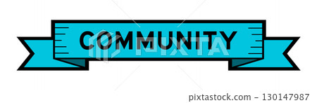 Ribbon label banner with word community in blue color on white background 130147987