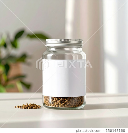 Clear Glass Jar with White Label Filled with Brown Seeds on White Table 130148168