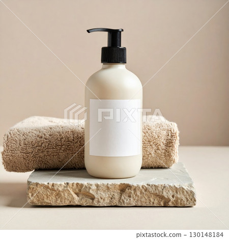 Beige Bottle with Black Pump on Stone with Towel in Soft Lighting Product Display 130148184