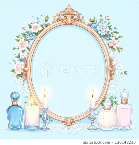 Ornate Oval Frame with Perfume Bottles Candles and Soft Floral Arrangement on Light Blue Background 130148236