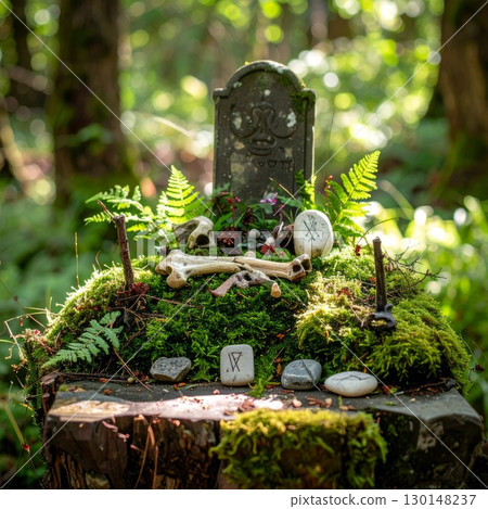 Woodland Grave with Moss Covered Stones and Bones in a Forest Setting with Ferns 130148237