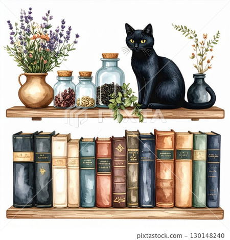 Black Cat on Wooden Shelves Adorned with Vintage Books and Vases with Flowers in Indoor Setting 130148240