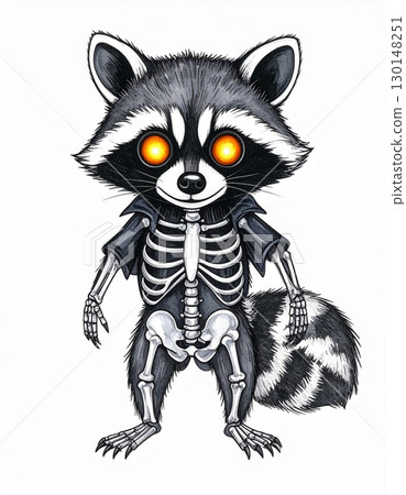 Cartoon Raccoon with Stripped Tail Wearing Skeleton Costume and Glowing Eyes Cartoon Raccoon with Stripped Tail Wearing Skeleton Costume and Glowing Eyes 130148251