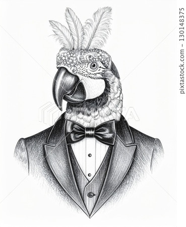 Formal Parrot in Tuxedo with Bow Tie Black and White Stippling Illustration 130148375