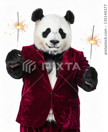 Panda in Red Velvet Suit Holding Sparklers Celebrating on White Background 130148377
