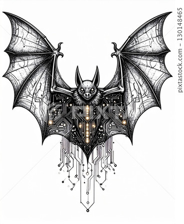 Bat with Spreading Wings Circuit Board Details on White Background 130148465