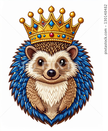 Cartoon Hedgehog Adorned with Golden Bejeweled Crown Featuring Blue Accents on White Background Cartoon Hedgehog Adorned with Golden Bejeweled Crown Featuring Blue Accents on White Background 130148482